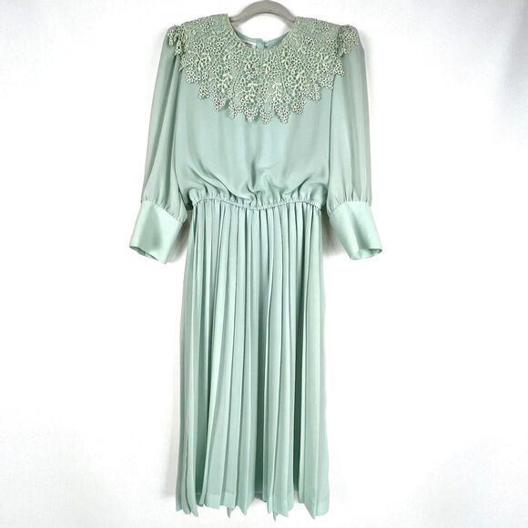 VTG 80s Dress Accordion Crochet Lace Mint Green Long Sleeve Sz 8 IN THE MOOD - Picture 1 of 16